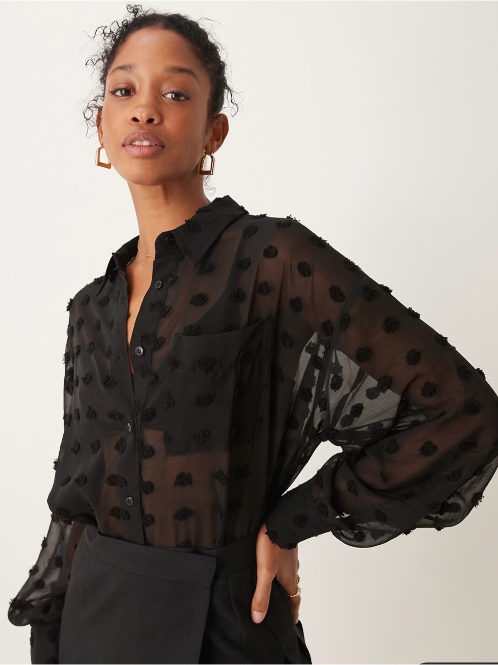 Sheer Polka Dot Textured Button-Front Blouse